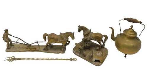 Various brassware, heavy horse figure group, 17cm high, farrier group and kettle. (3)