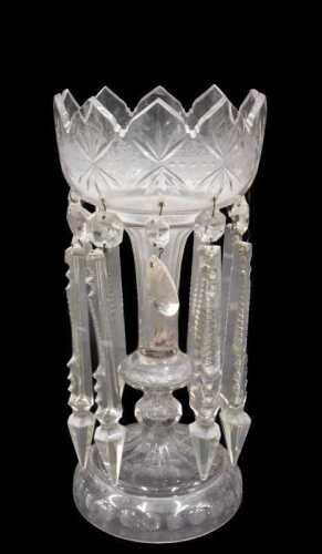 A late Victorian clear glass lustre, with castellated top, etched with flowers with a hobnail...