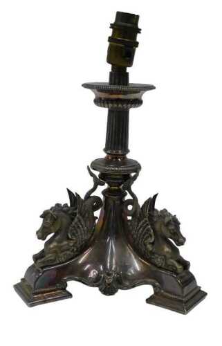 A 19thC silver plated centrepiece or table lamp, with urn top reeded stem, horse head...