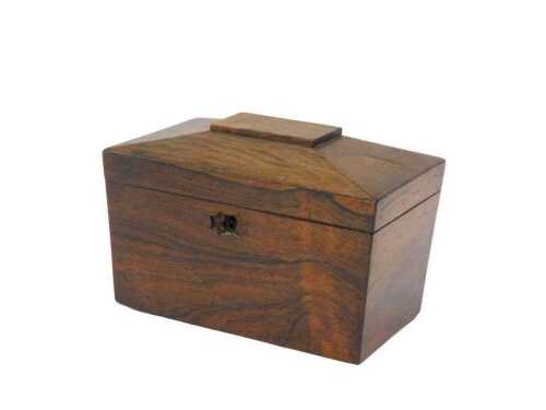 A mid 19thC rosewood sarcophagus shaped tea caddy, of small proportion, 15cm high, 18cm wide,...