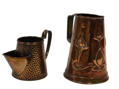Various copper, a late 19thC Art Nouveau jug, raised with stylised lotus flowers, 19cm high, and...