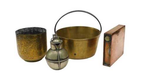 Various 19thC and other metalware, brass jam pan with iron handle, 33cm high, copper and brass...