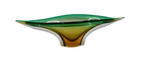 A 1960s Murano style ellipse vase, in amber, green and clear glass, unmarked, 48cm wide.