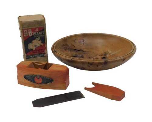 A boxed BB wood plane, marked Marples & Sons, 13cm wide, and a treen bowl, initialled PP and...
