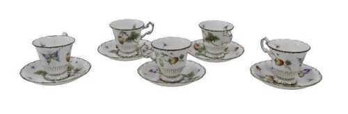 A Coalport Strawberry part tea service, comprising five cups, 8cm high, and saucers, printed...
