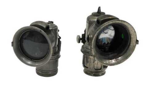 Two nickel plated bicycle or motorcycle calcium carbide lamps, with glazed fronts, 15cm high,...