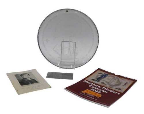Various Matthew Flinders related glassware and ephemera, etched Australia dish, 33cm diameter,...
