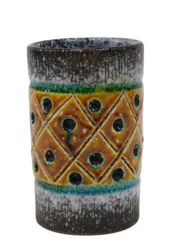 An Italian Studio Pottery vase, of cylindrical form, polychrome decoration with studded design,...