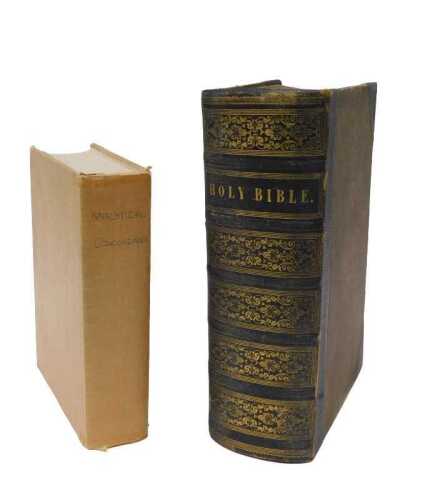 A 19thC Family Bible, leather spine, gilt stencilling, 36cm high, and an Analytical Concordance...