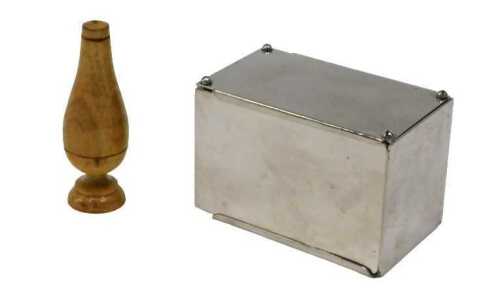 Two Vintage tricks, a treen magic disappearing ball trick and magic box, 9cm high, and a magic box.