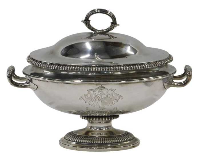 A George III silver soup tureen, by Paul Storr, the domed lid with naturalistic strap handle,...