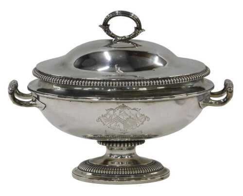 A George III silver soup tureen, by Paul Storr, the domed lid with naturalistic strap handle,...