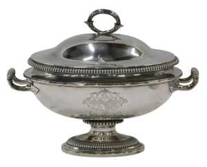 A George III silver soup tureen, by Paul Storr, the domed lid with naturalistic strap handle,...