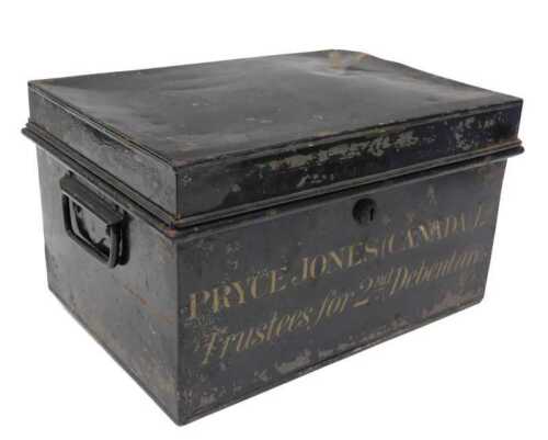A 19thC deeds box, marked Pryce Jones (Canada) LD Trustees for the Second Debenture, 40cm wide.