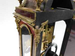 A 19thC French Boulle mantel clock, the raised enamel 15cm diameter Roman numeric dial in highly elaborate case, with caddy top surmounted by single urn and four further urn finials, the glazed front raised with urns, flowers and scrolls, on scroll feet, - 5