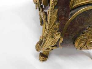 A 19thC French Boulle mantel clock, the raised enamel 15cm diameter Roman numeric dial in highly elaborate case, with caddy top surmounted by single urn and four further urn finials, the glazed front raised with urns, flowers and scrolls, on scroll feet, - 7