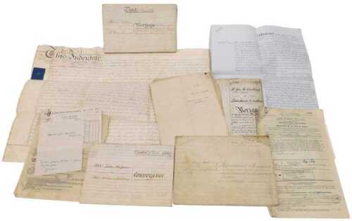 Various indentures, mortgage 1832, various other 19thC ephemera indentures, paperwork, bill...