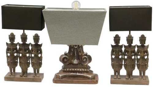 A stoneware finish lamp centrepiece, with scrolls on oval base, with glitter shade, 56cm high,...