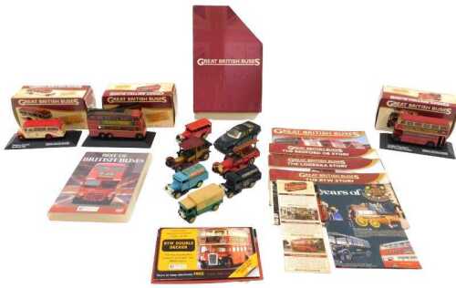 Various diecast vehicles, boxed Great British Buses, others unboxed, fire truck, 10cm long, etc.,...