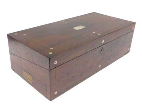 A mid-19thC rosewood writing slope, of rectangular form, with mother-of-pearl cartouche and...