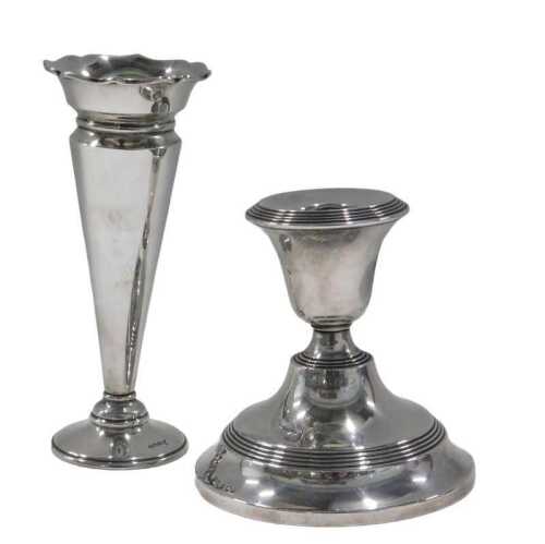 A George V silver stem vase, by Walker & Hall, flared rim, inverted circular stem, circular foot,...