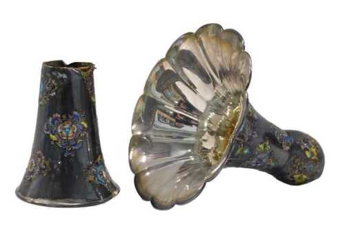 An enamel and white metal stem vase, with flared rim, inverted stem, decorated with flowers,...