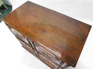 A late 17thC oak chest of drawers, the top with a moulded edge above three panelled drawers,... - 3