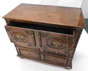 A late 17thC oak chest of drawers, the top with a moulded edge above three panelled drawers,... - 4