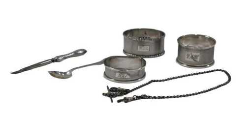 Various silver napkin rings, to include engine turned example of oval form, initialled, 5cm wide,...