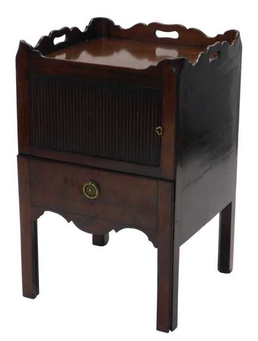 A George III mahogany night commode, the square top with a raised and pierced top above a...