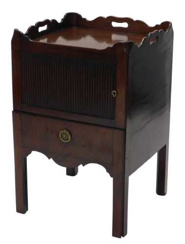 A George III mahogany night commode, the square top with a raised and pierced top above a...