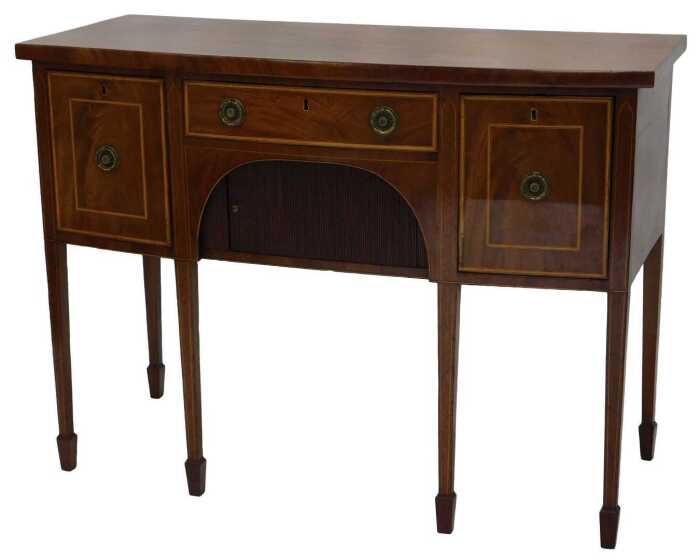 A small George III mahogany and satinwood banded bowfronted sideboard, with a frieze drawer...