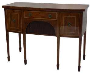A small George III mahogany and satinwood banded bowfronted sideboard, with a frieze drawer...