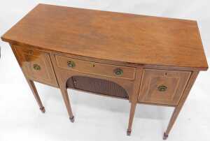 A small George III mahogany and satinwood banded bowfronted sideboard, with a frieze drawer... - 2