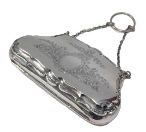 A George V silver purse, by Edwin Joseph Houlston, the shaped body with chain and circular...