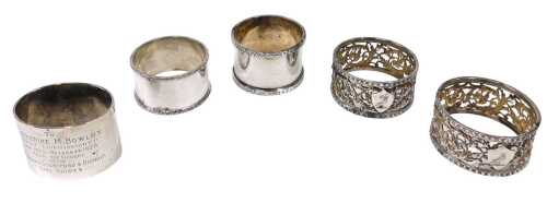 Various silver napkin rings, pierced examples, one marked Bowlby, etc., various dates and makers,...