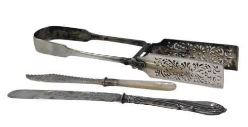 Various silver flatware, a pair of Victorian silver asparagus tongs, fiddle pattern, 26cm long,...