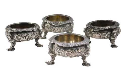 A set of four heavy George III silver open salts, by Rebecca Emes & Edward Barnard I, of...