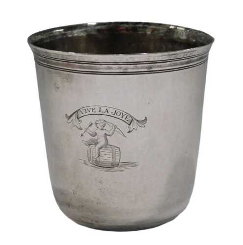 A 19thC beaker, probably French, crested and stamped Rogouion, marks beneath, 7cm high, white...