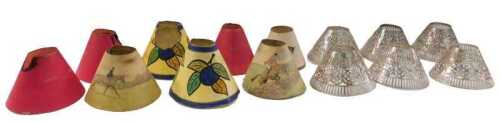A set of six light shades, each of tapering pierced form, centred by flowers and geometric...