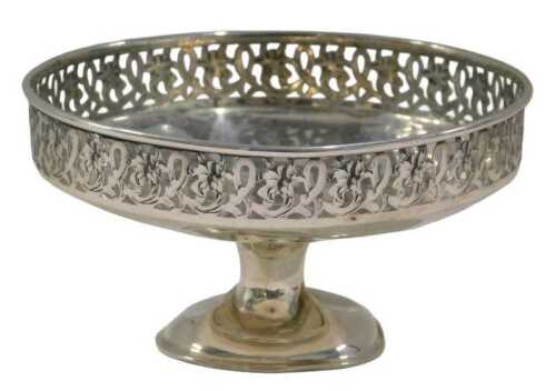 A 20thC footed dish, with pierced border, on circular foot with engraved letter, 11cm wide,...