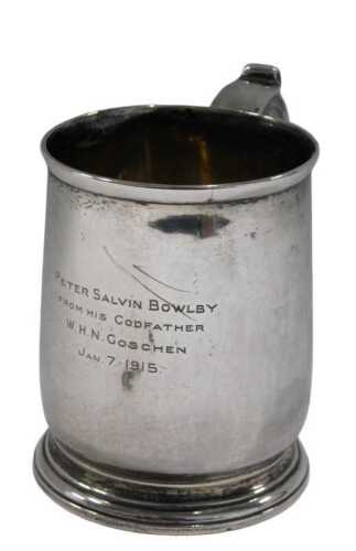 A George V silver mug, by Herbert Charles Lambert & Co, with plain body, scroll ear handle and...