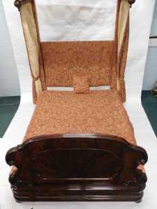 A Victorian figured mahogany half tester bed, the moulded canopy with drop finials, the shaped... - 3