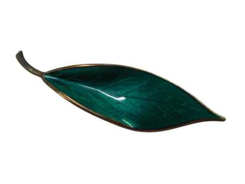A Norwegian David Anderson enamel leaf bar brooch, the green leaf of waved design stamped DA...