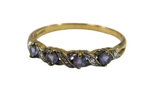 A 9ct gold amethyst and diamond half hoop crossover dress ring, ring size P, 1.4g all in.