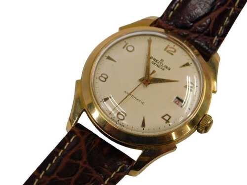 A 1950s Breitling Geneve gent's wristwatch, in a gold plated case with cream numeric dial and...