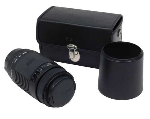 A Sigma DL zoom lens, autofocus 75-300mm 1-42 5.6 1008022, in a Sigma soft shell case.