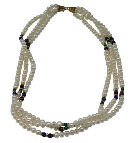 A three row cultured pearl necklace, with lapis, amethyst and emerald bead breaks, pierced...