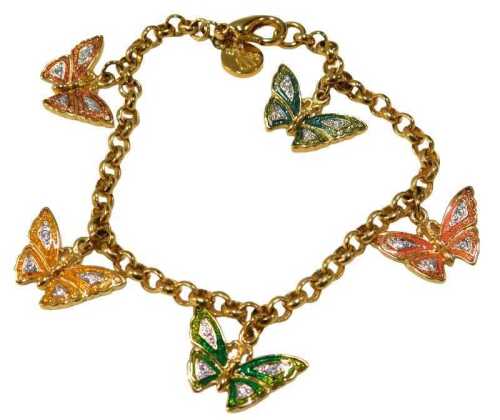 A Brooks & Bentley ladies fashion bracelet, set with five enamel butterflies, paste stone set,...