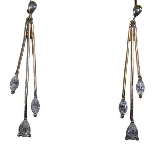 A pair of silver drop earrings, each of three splayed design, set with paste stones, on single...